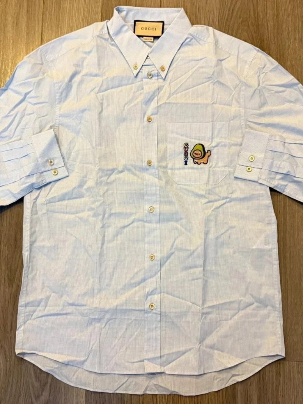 Gucci x Pikarar Animal-Applique Cotton Poplin Shirt white blue sz 48 M